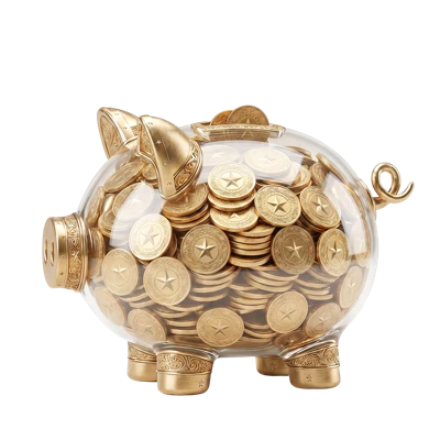 Glass piggy bank filled with gold coins